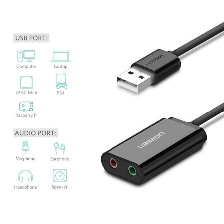 External USB audio card UGREEN 15cm (black) 30724