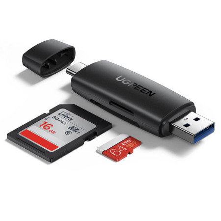 Ugreen Card Reader USB 3.0 + USB-C to SD + microSD Adapter Up to 5Gbps - Μαύρο (80191)