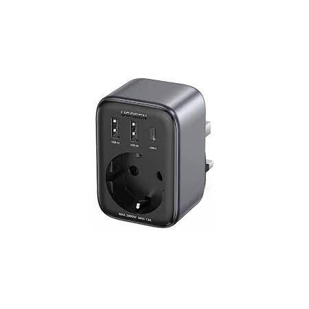 Wall charger 30W (2xUSB/USB C/AC) / UK - EU adapter 13A Ugreen CD314 - Μαύρο 15290