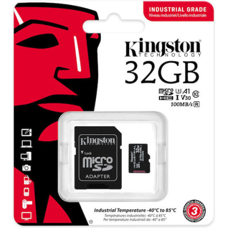 Κάρτα Μνήμης microSDHC Kingston Industrial 32GB U3 V30 A1 UHS-I with SD Adapter SDCIT2/32GB