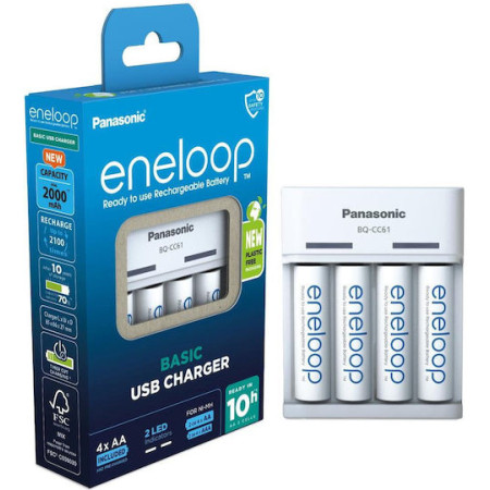 Panasonic Eneloop Basic BQ-CC61 USB USB Φορτιστής 4 Μπαταριών Ni-MH Μεγέθους AA/AAA Σετ με 4x AA 2000mAh σε Λευκό χρώμα BQ-CC61