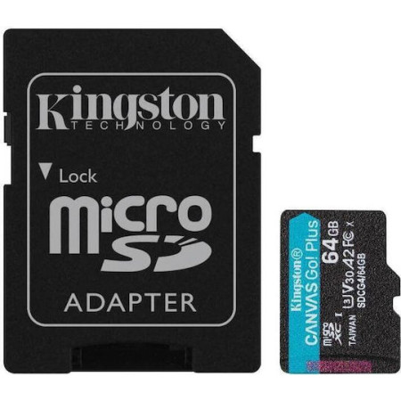 Kingston Canvas Go Plus Gen 4 64GB micro SDXC Class 10 UHS-1 U3 V30 A2 + SD Adapter [SDCG4/64GB]