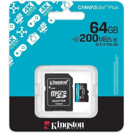 Kingston Canvas Go Plus Gen 4 64GB micro SDXC Class 10 UHS-1 U3 V30 A2 + SD Adapter [SDCG4/64GB]