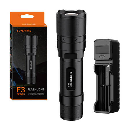 Superfire Flashlight, Rechargeable, LED, Waterproof IP45, Zoomable, 1000lm Black (F3-L2)