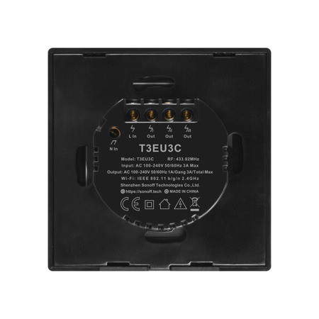 Sonoff ΤΧ-T3EU3C Χωνευτός Διακόπτης Τοίχου Wi-Fi για Έλεγχο Φωτισμού με Πλαίσιο και Τρία Πλήκτρα Αφής Φωτιζόμενος Μαύρος