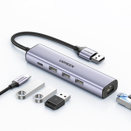 Ugreen 60554 USB 3.0 Hub 4 Θυρών με σύνδεση USB-A / Ethernet Ασημί 
